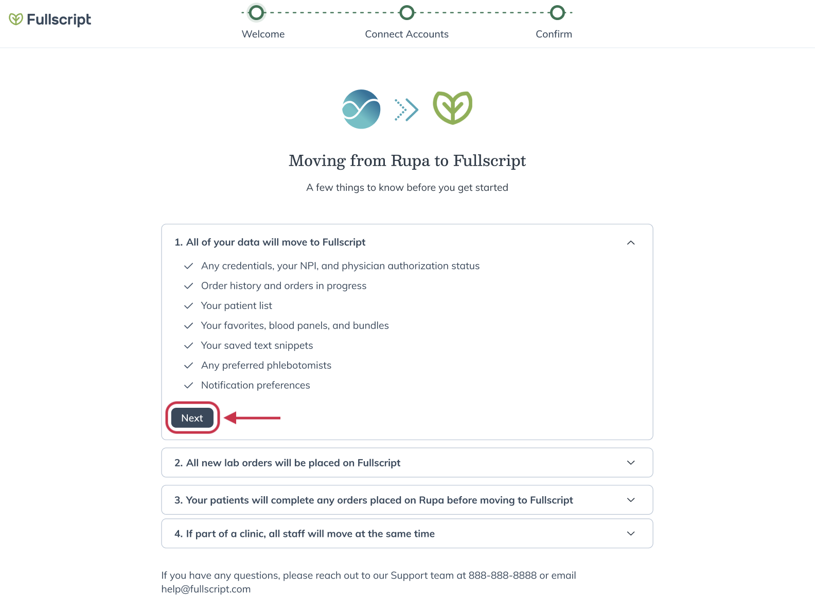Moving from Rupa to Fullscript screen showing the step-by-step sections to review before continuing